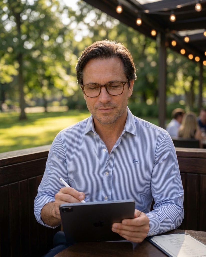 Carlos E. Gómez Silva revisando un documento en su tableta